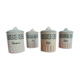 Lot 4 ceramic pots with lids for kitchen decoration Chicory Coffee, Rice, Pasta