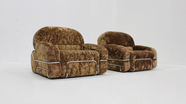 Fauteuils italiens vintage en chrome et velours, années 1970, lot de 2