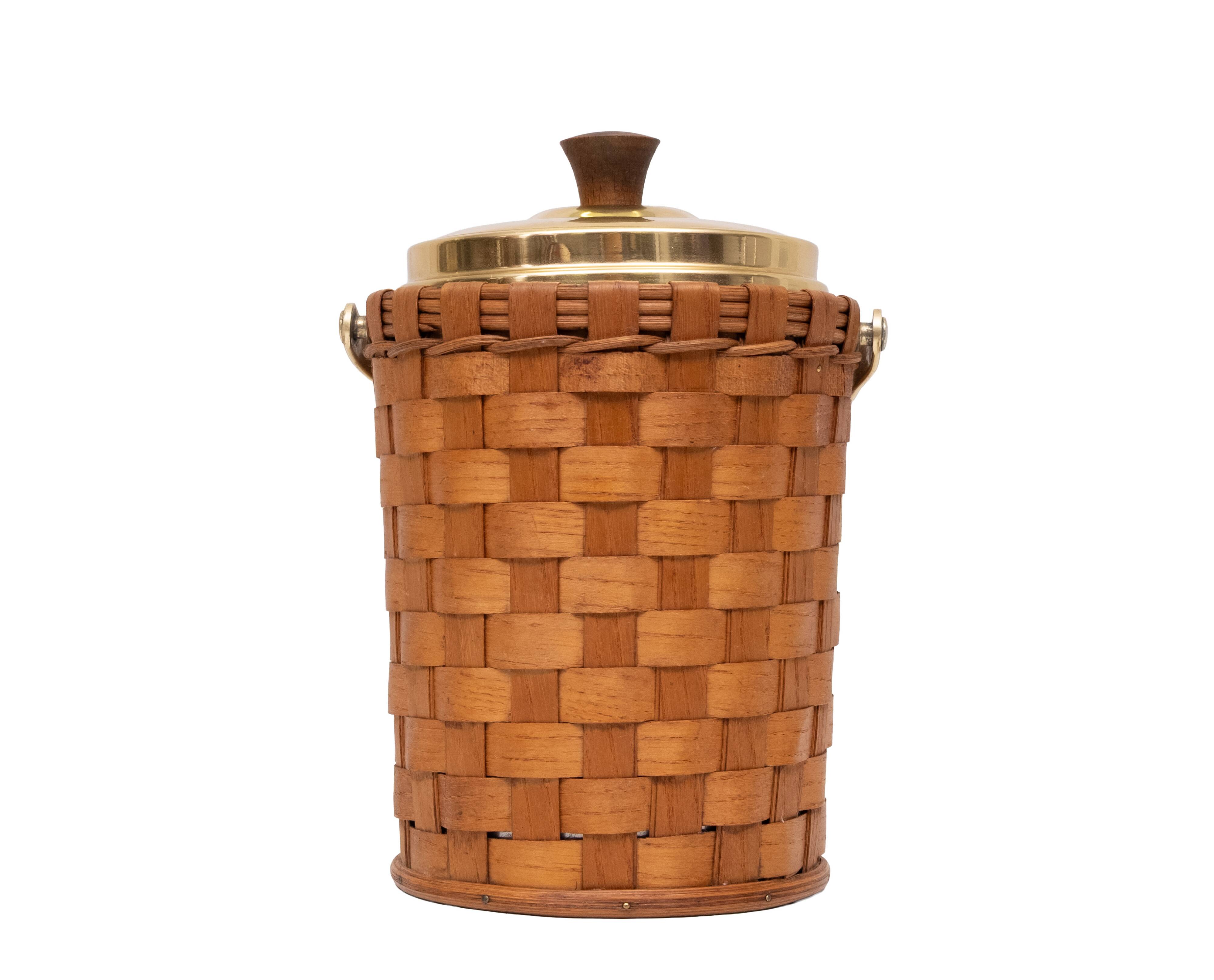 Wicker Ice bucket Brass lid and ice tongs 1960s
