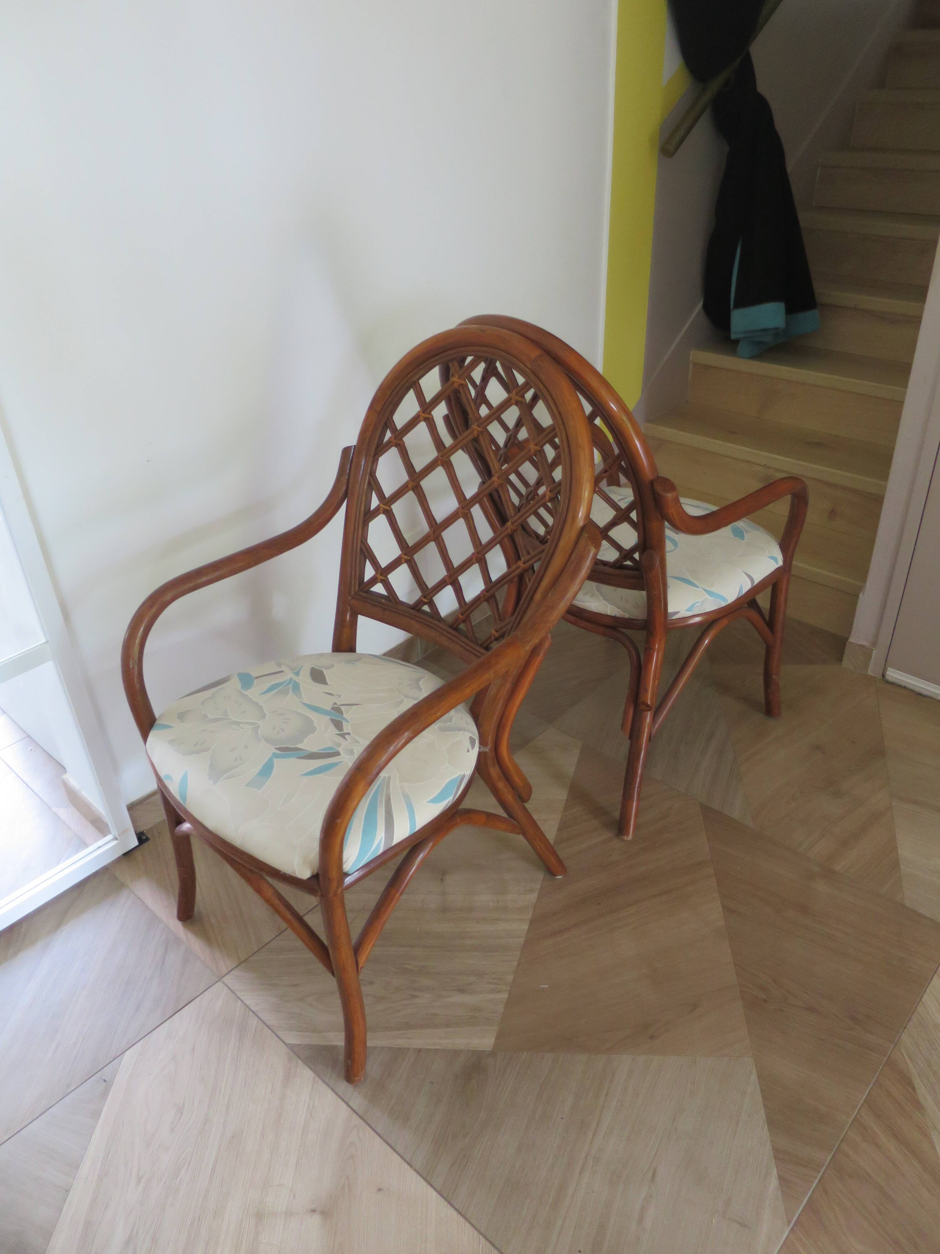 Vintage lot of 2 woven bamboo rattan armchairs - Curved wood - 1980s