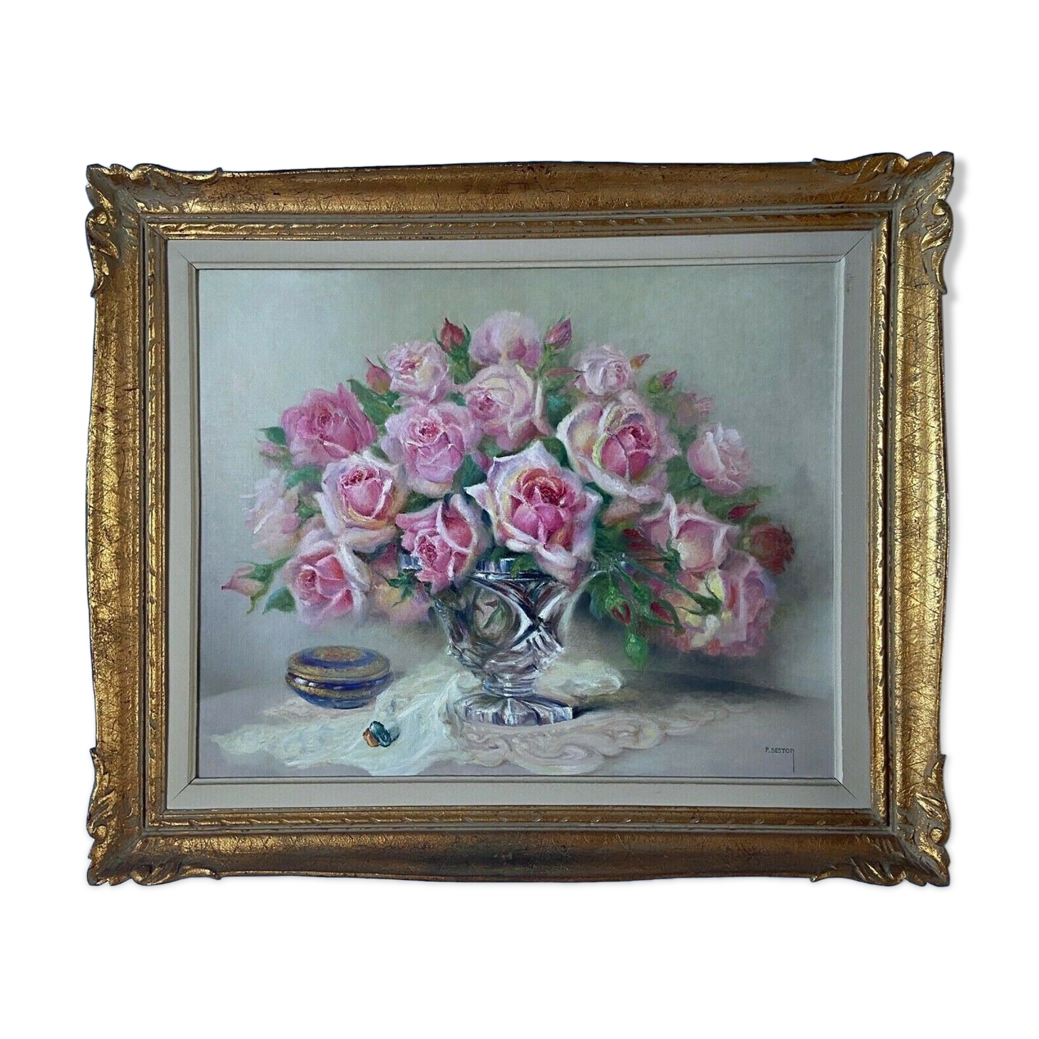 Huile sur toile par paul seston nature morte aux roses cadre dore xx eme