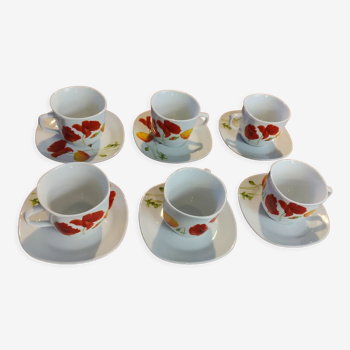 6 poppy cups and saucers