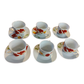 6 poppy cups and saucers