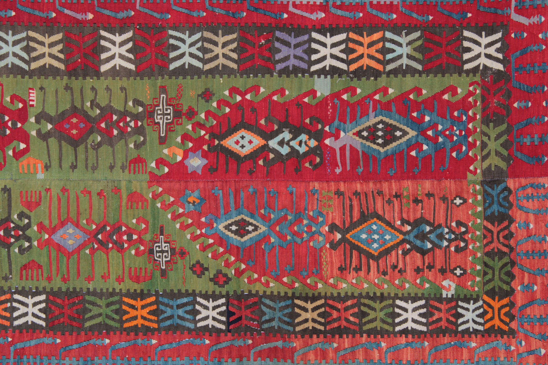 Decorative Tribal Antique Rug, Handwoven Green, Red Oriental Rug- 179x413cm