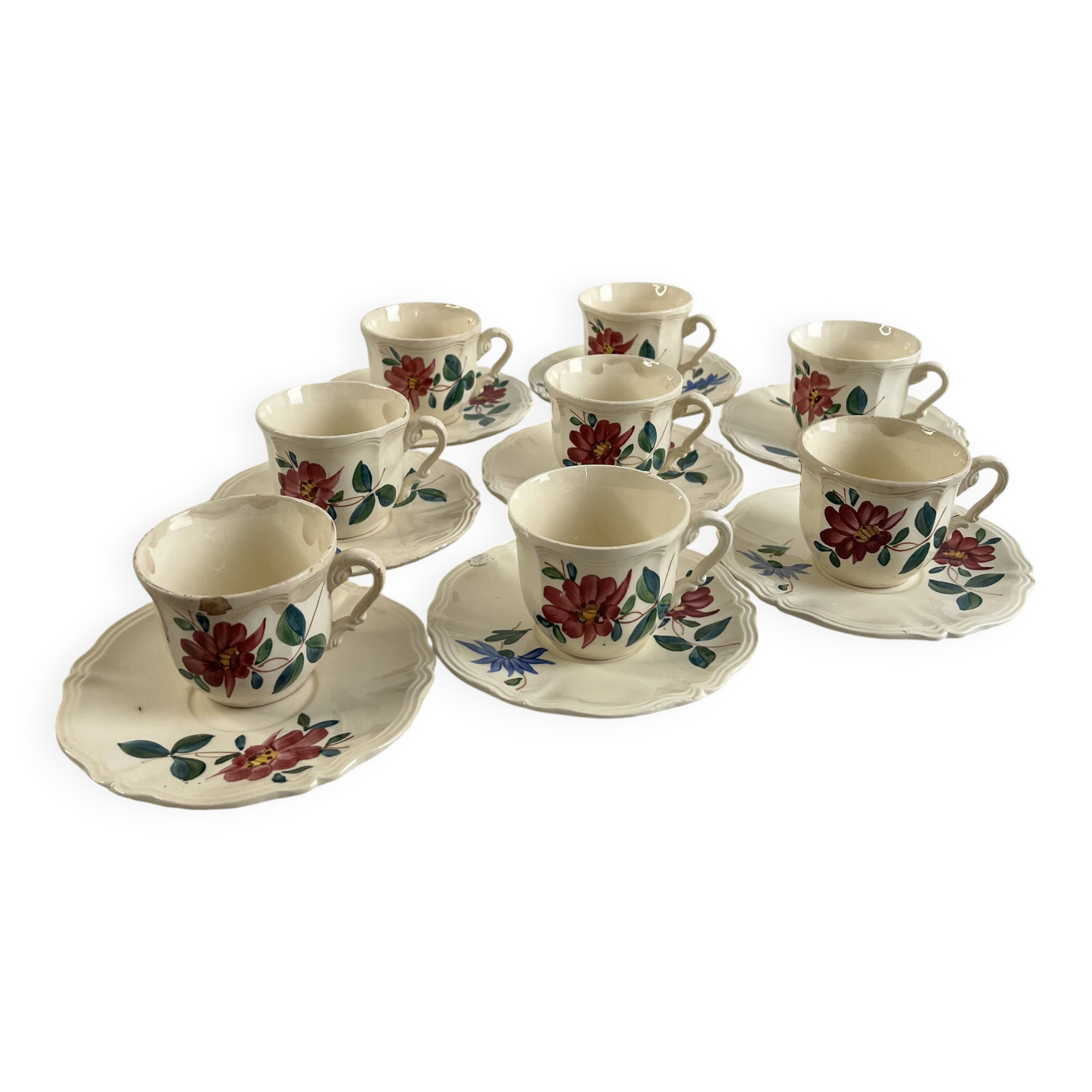 Set of 8 hand-painted coffee cups Sarreguemines Terre de fer