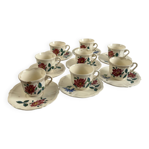 8 tasses à café Sarreguemines en terre de fer peinte à la main