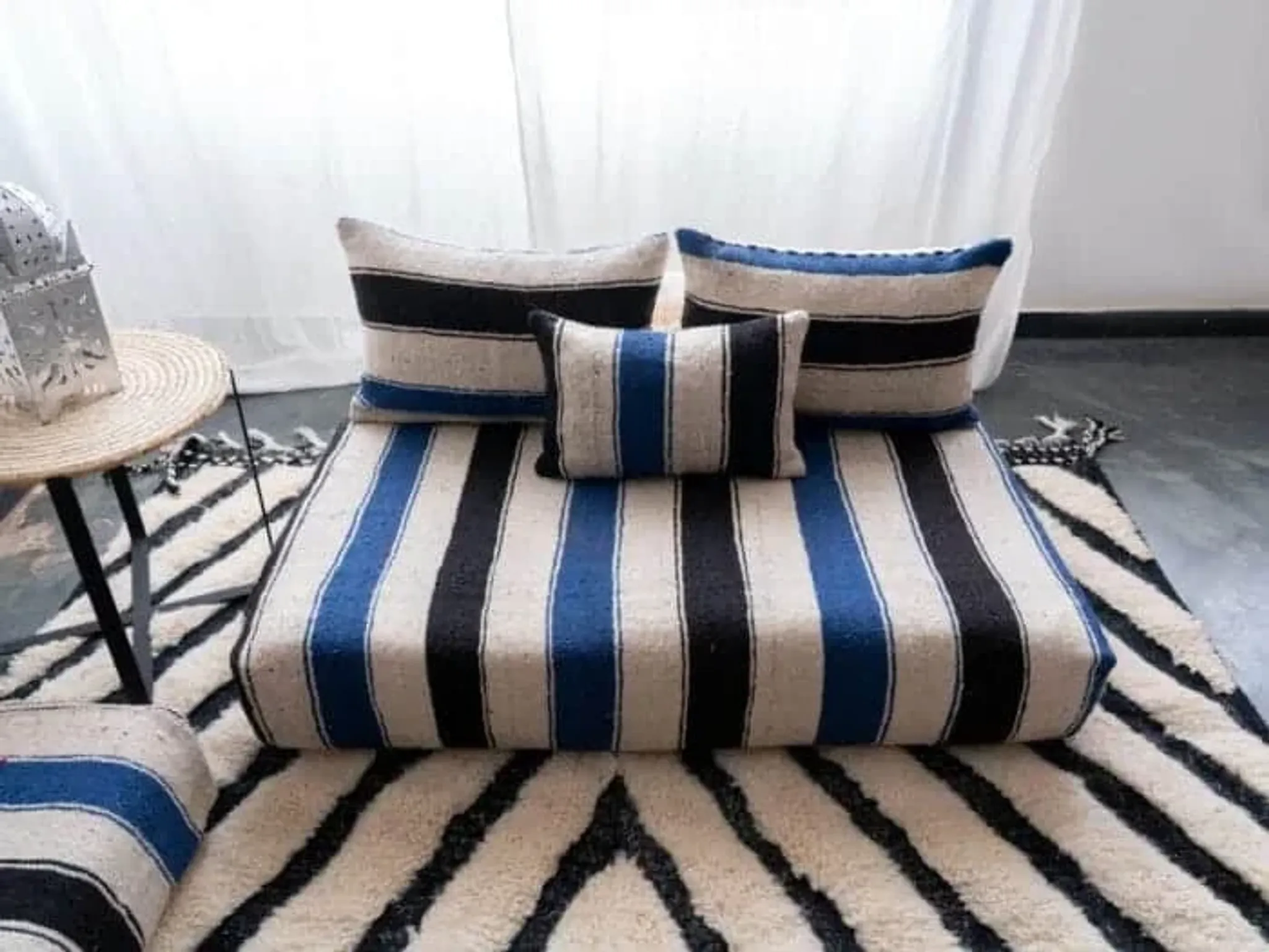 Handmade Moroccan blue and black floor cushion 120x70cm