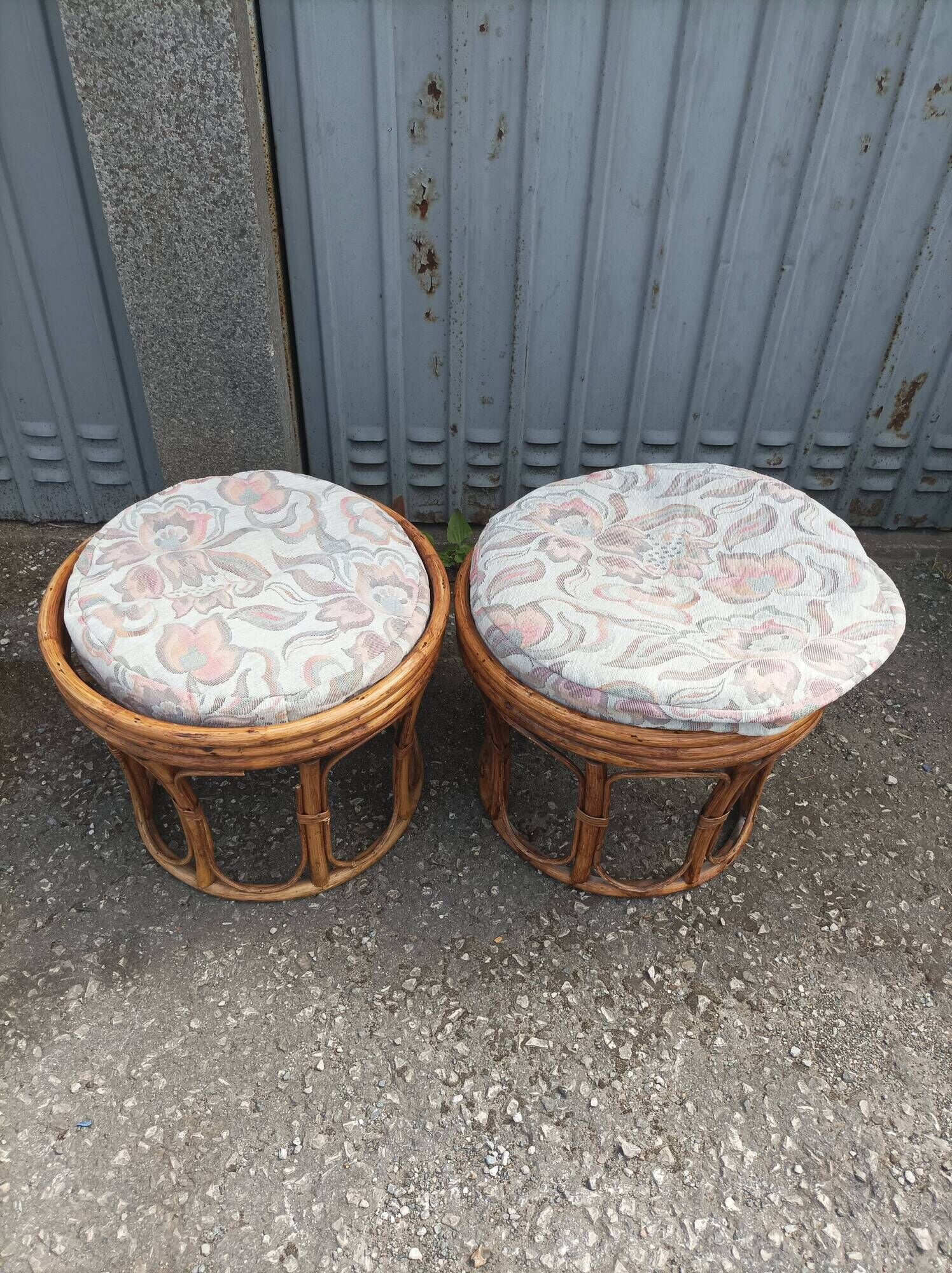 Pair old ottoman stools foot rest round wicker vintage rattan