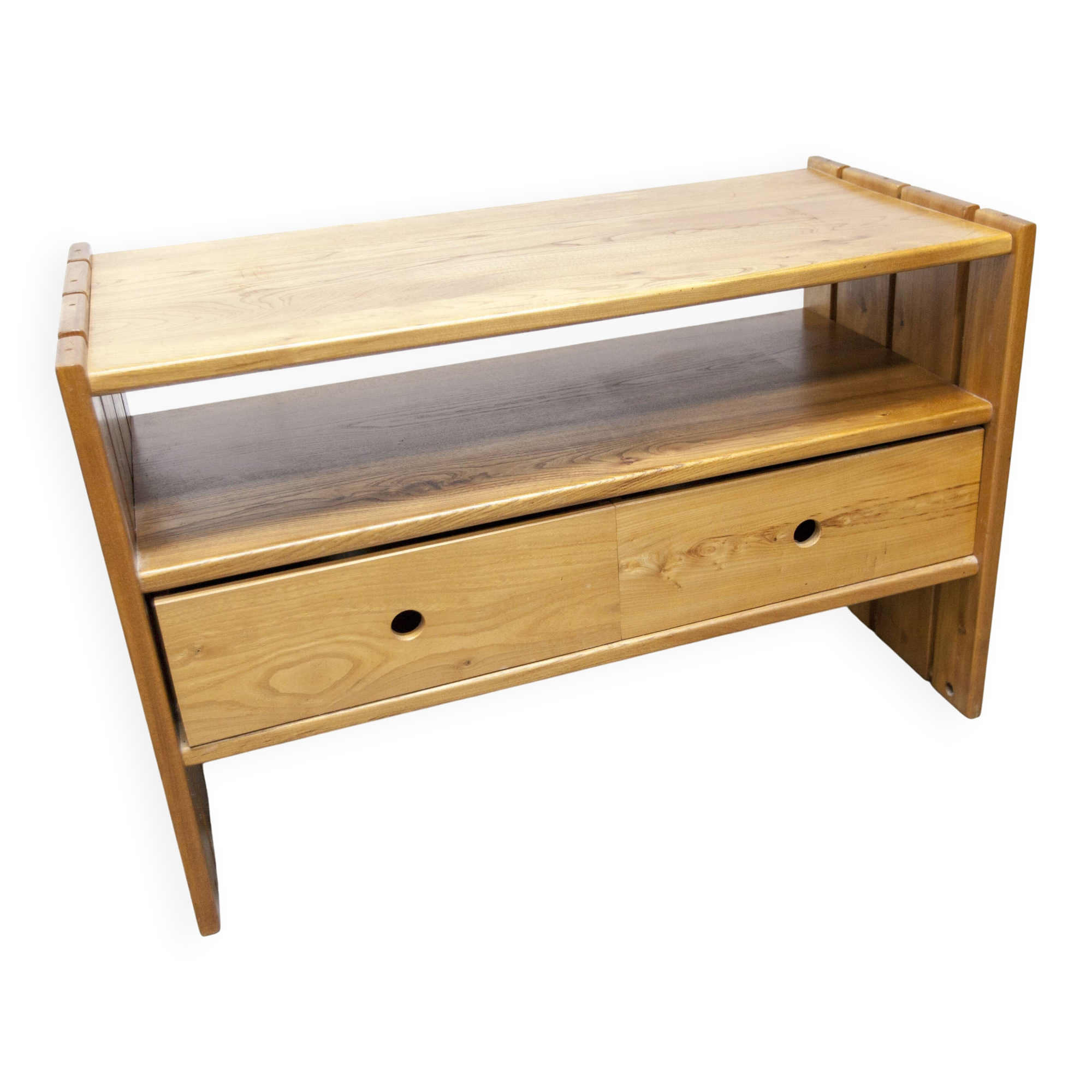 Low cabinet from Maison Regain, solid elm, circa 1960, with drawer