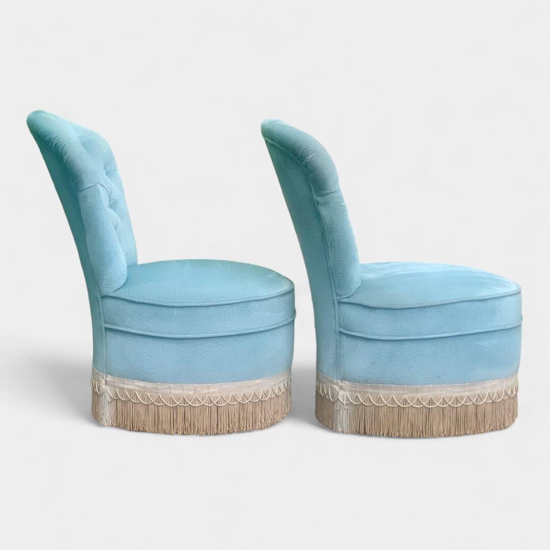 Pair of vintage blue velvet upholstered toad armchairs from the 1970s