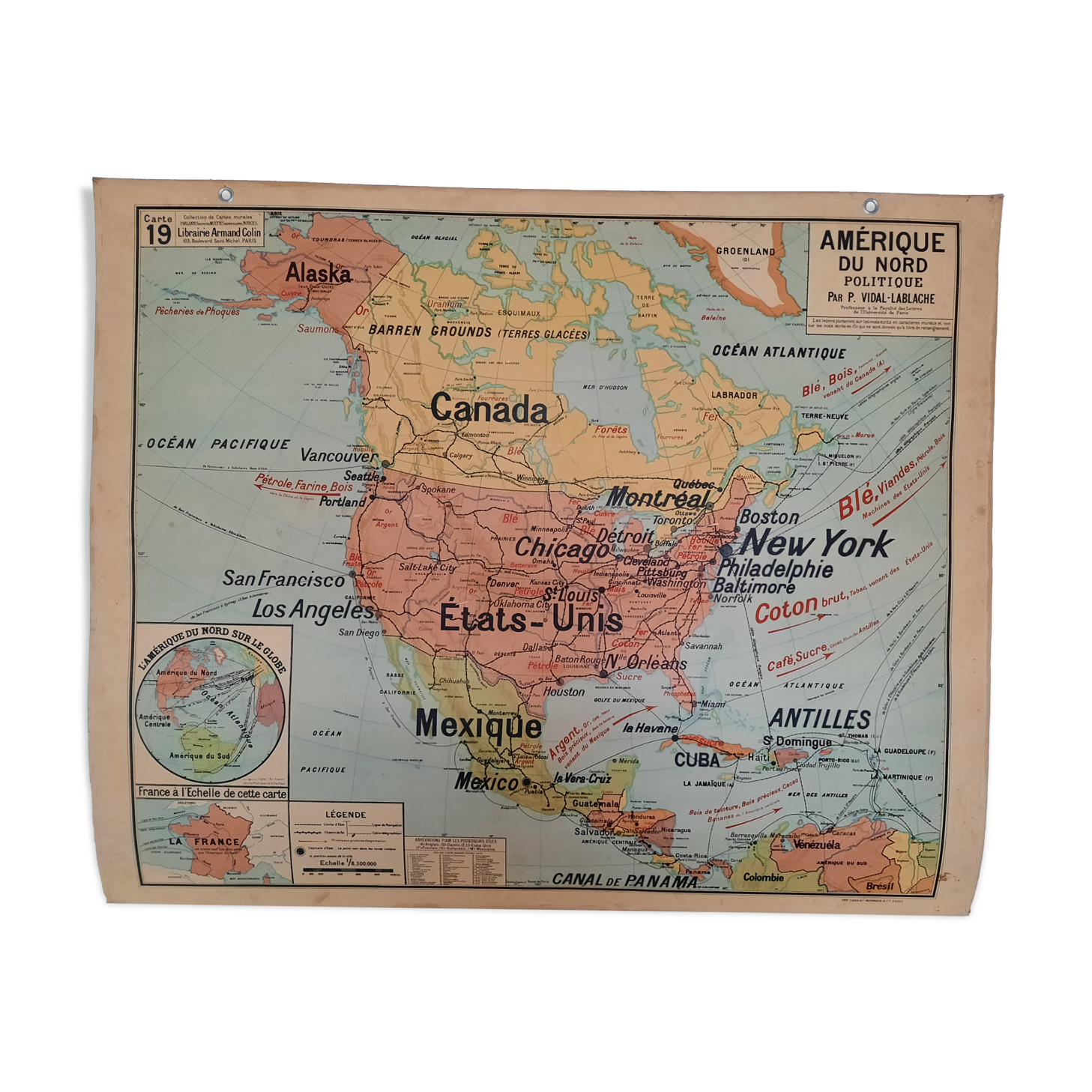 Carte scolaire ancienne de l.'Amérique du Nord, Vidal-Lablache U.S.A. cartonnée