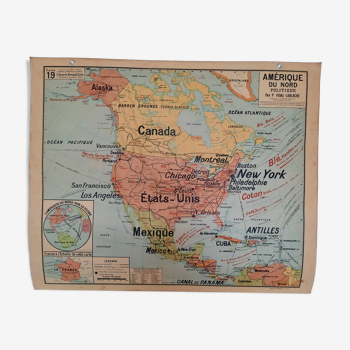 Old school map of the America of the twentieth, North, Vidal-Lablache. U.S.A. Cardboard