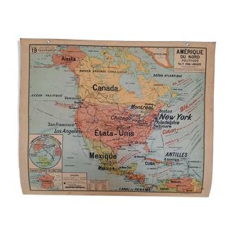 Carte scolaire ancienne de l.'Amérique du Nord, Vidal-Lablache U.S.A. cartonnée