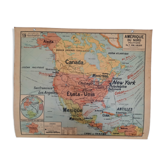 Old school map of the America of the twentieth, North, Vidal-Lablache. U.S.A. Cardboard