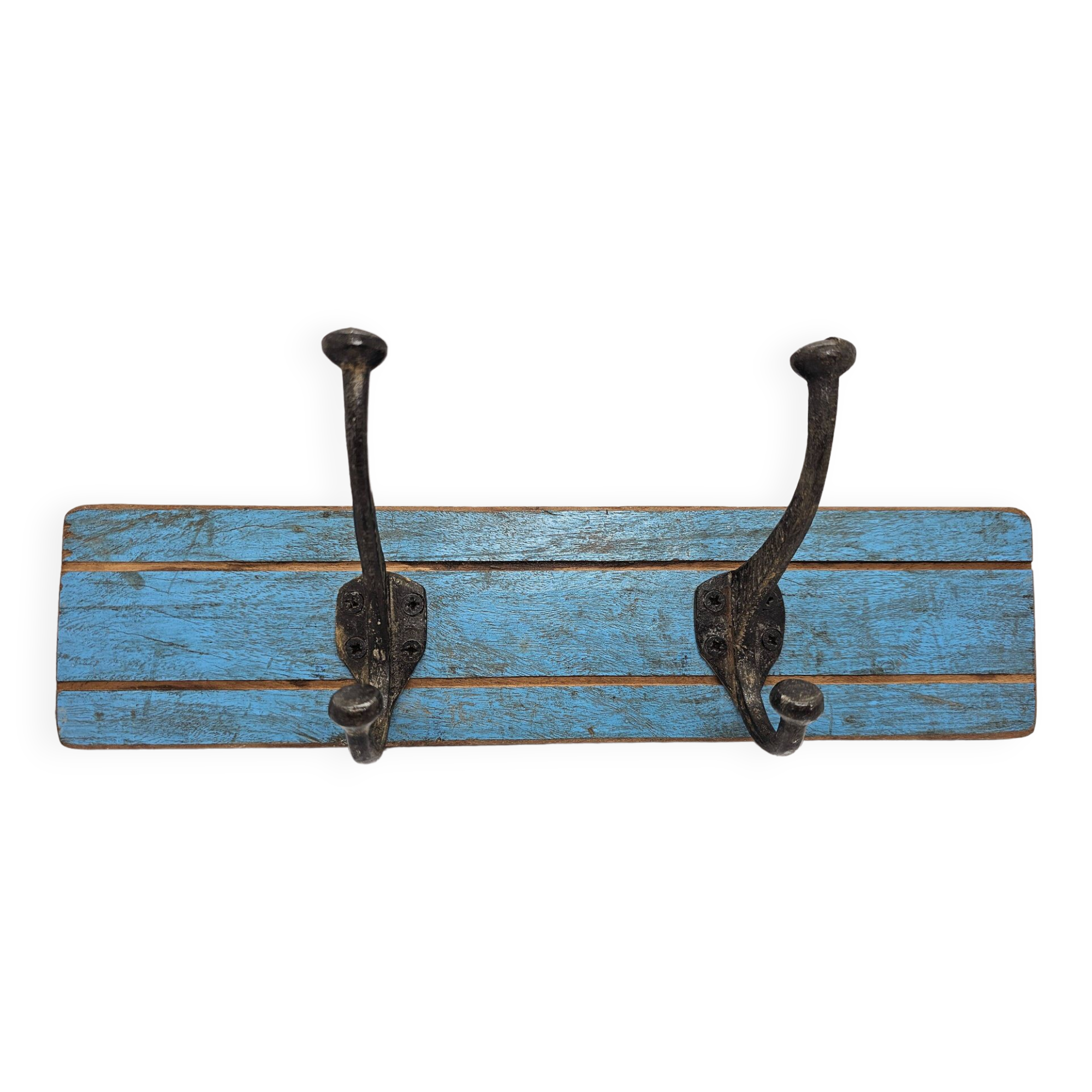 Solid teak coat hook with 2 double cast iron hooks