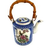Japanese porcelain teapot with bamboo handle geisha décor and bird on flowers