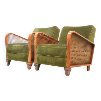 Ensemble de 2 fauteuils vintage revêtement en velours vert datant des années 60