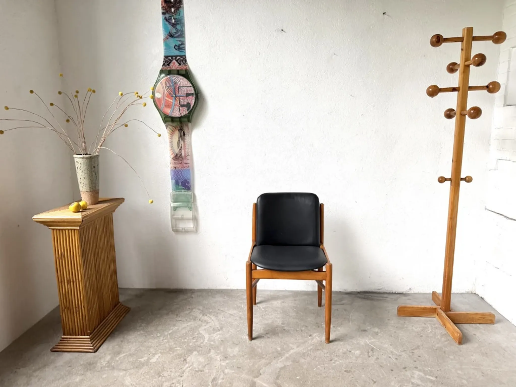 Scandinavian chair in beech and black faux leather, 1960s