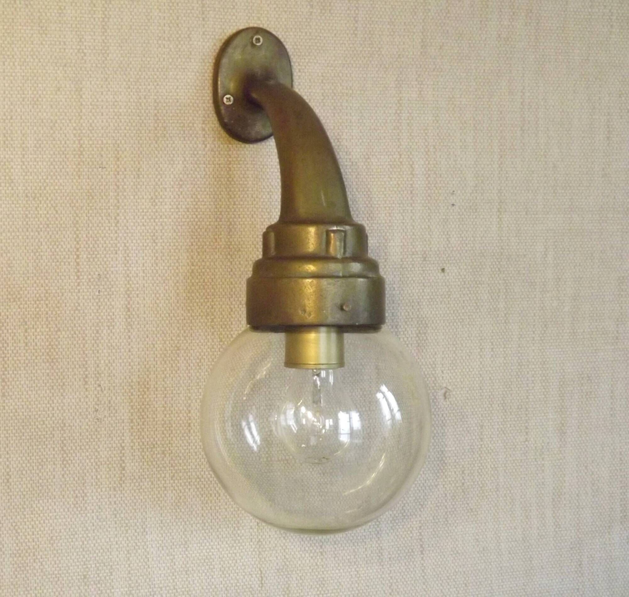Old French Heavy Cast Bronze Marine Nautical Wall Light Glass Ball Shade 5101