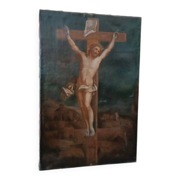 Ancient Oil on Canvas "Crucifixion", Italian School, 18th Century