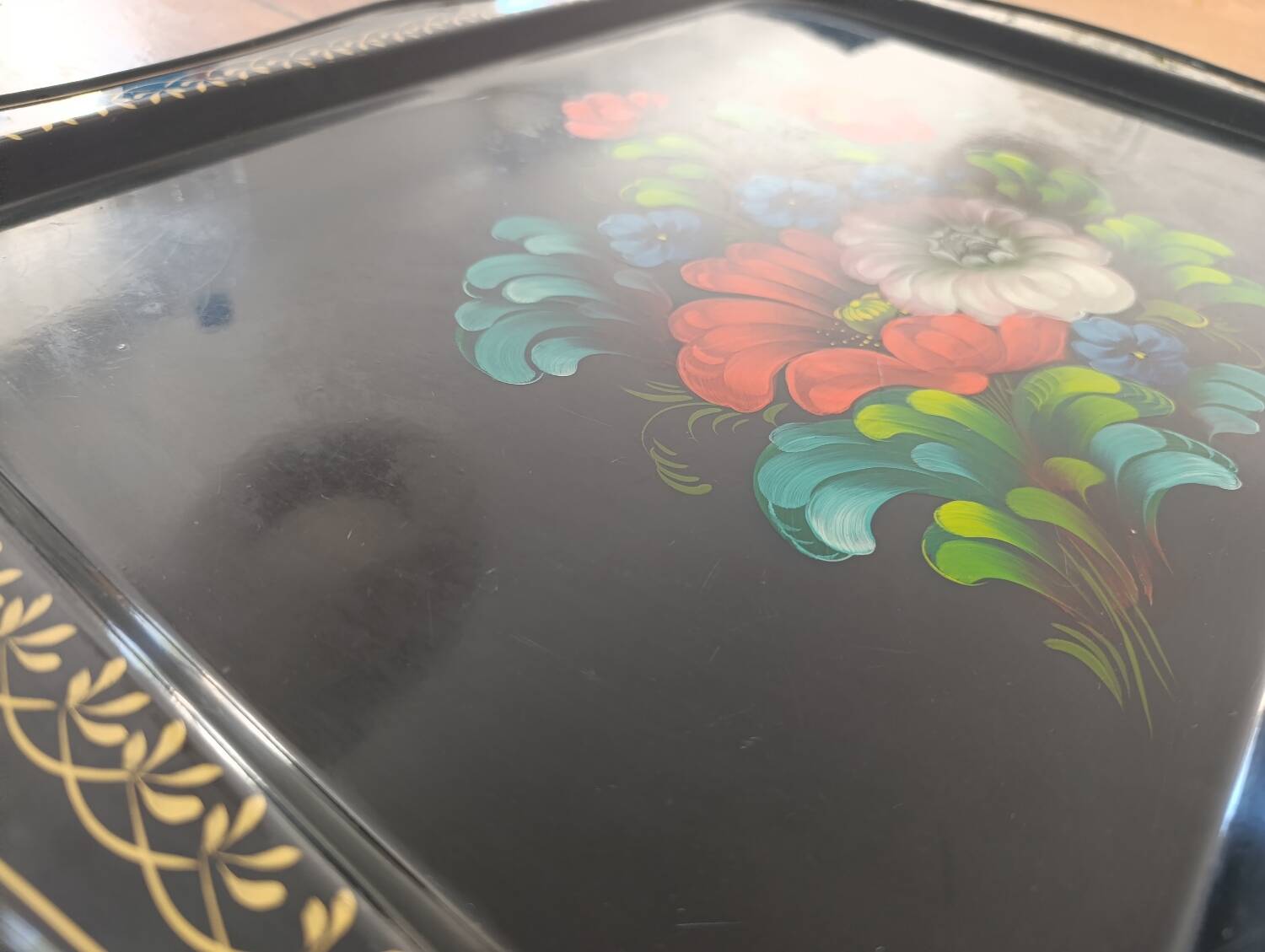 Large Vintage USSR Tray - Painted Flowers