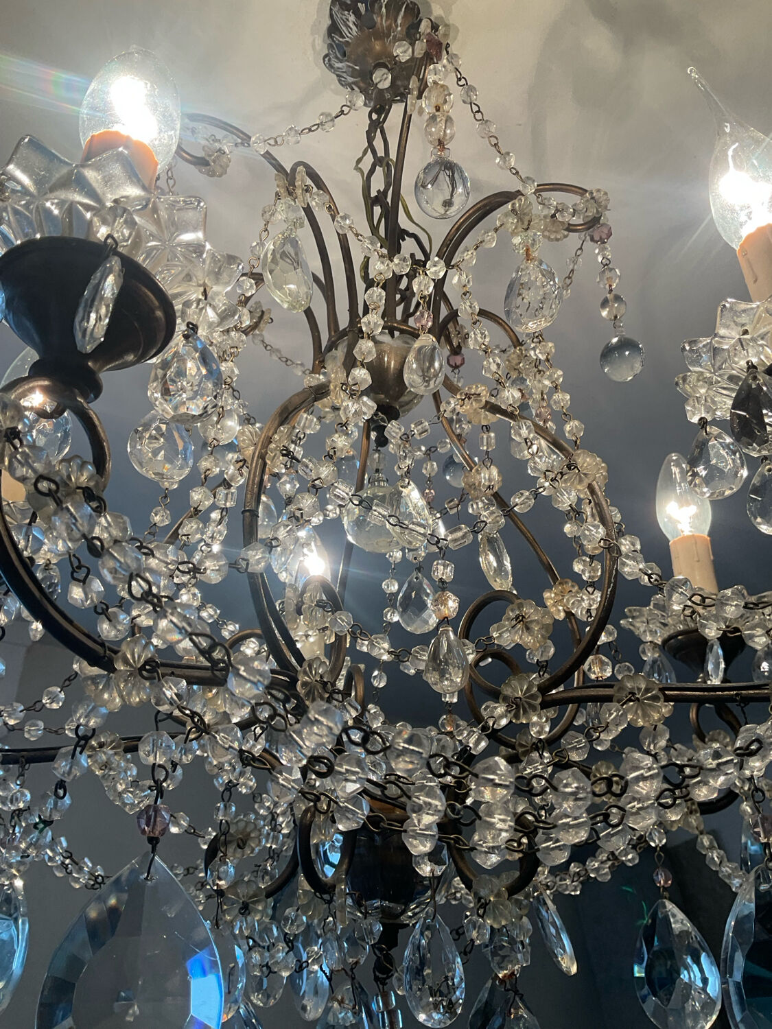 Antique cage chandelier with rock crystal pendants