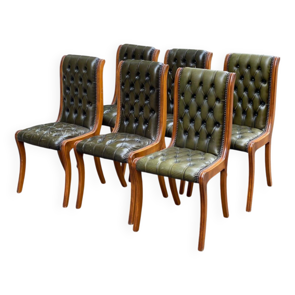 6 chaises anglaises Chesterfield XXème cuir vert olive