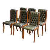 6 chaises anglaises Chesterfield XXème cuir vert olive