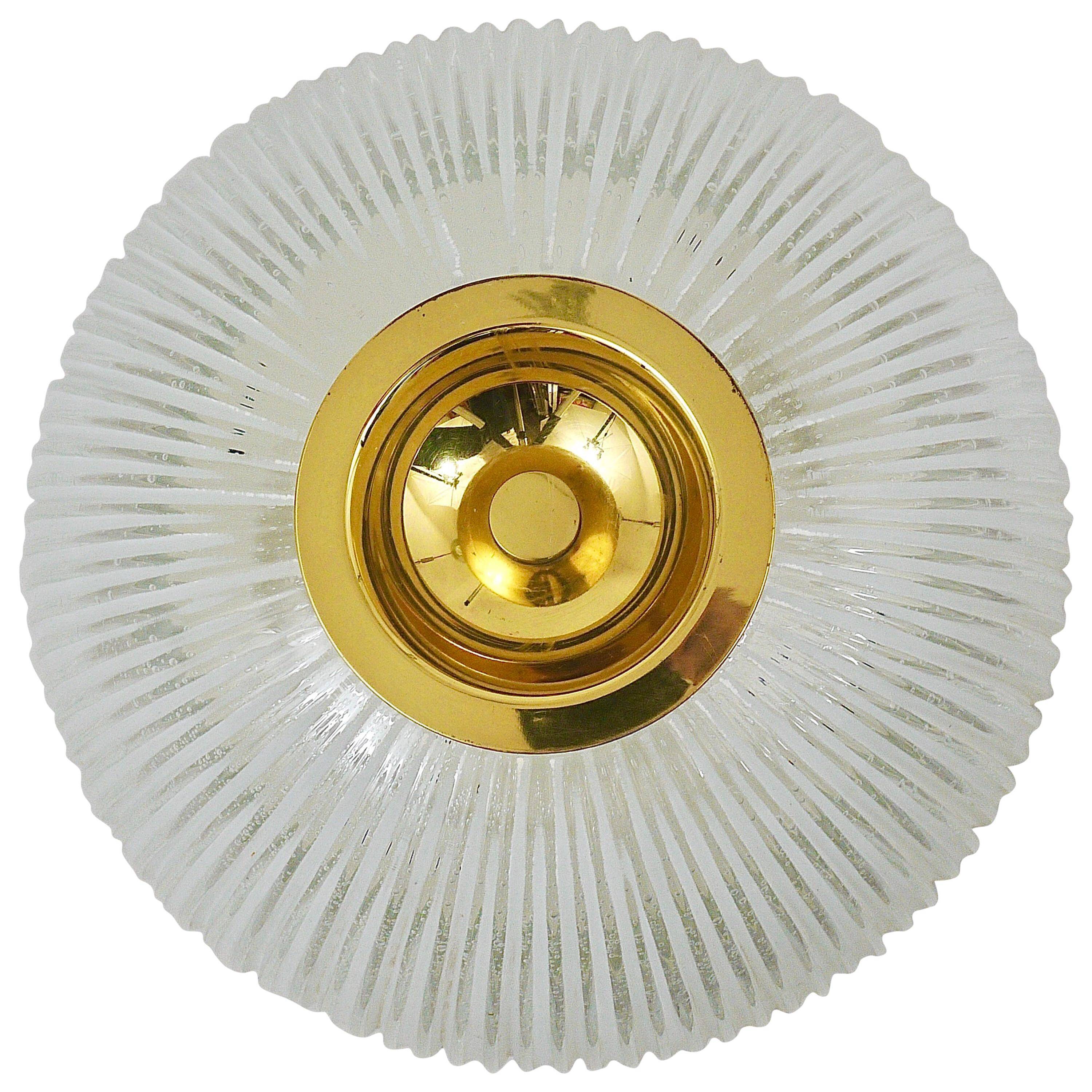Large striped glass ceiling lamp in brass, Limburg, Germany, 1970s.