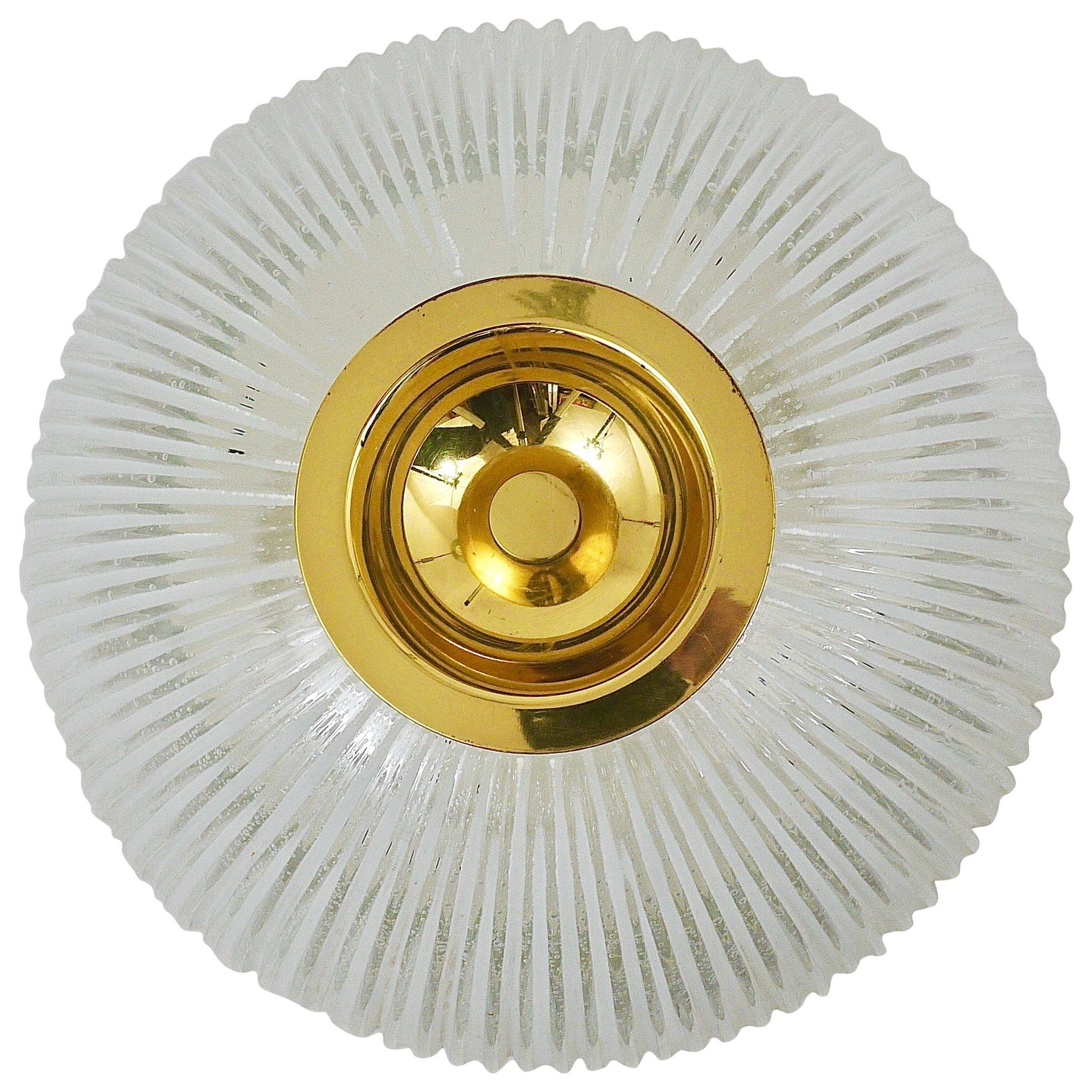 Large striped glass ceiling lamp in brass, Limburg, Germany, 1970s.