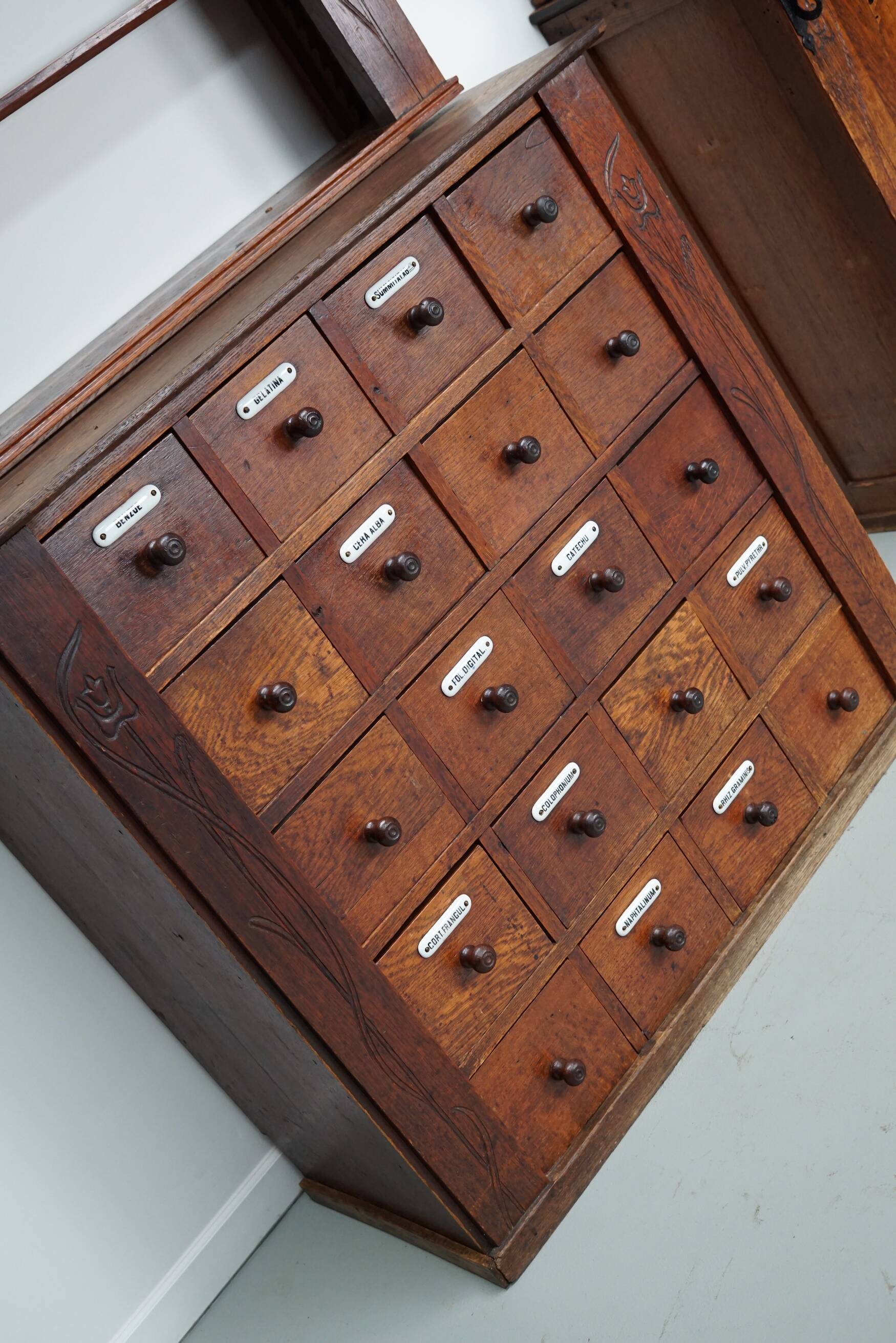 Paire d'armoires / vitrines d'apothicaire en chêne hollandais antiques Art Nouveau vers 1904