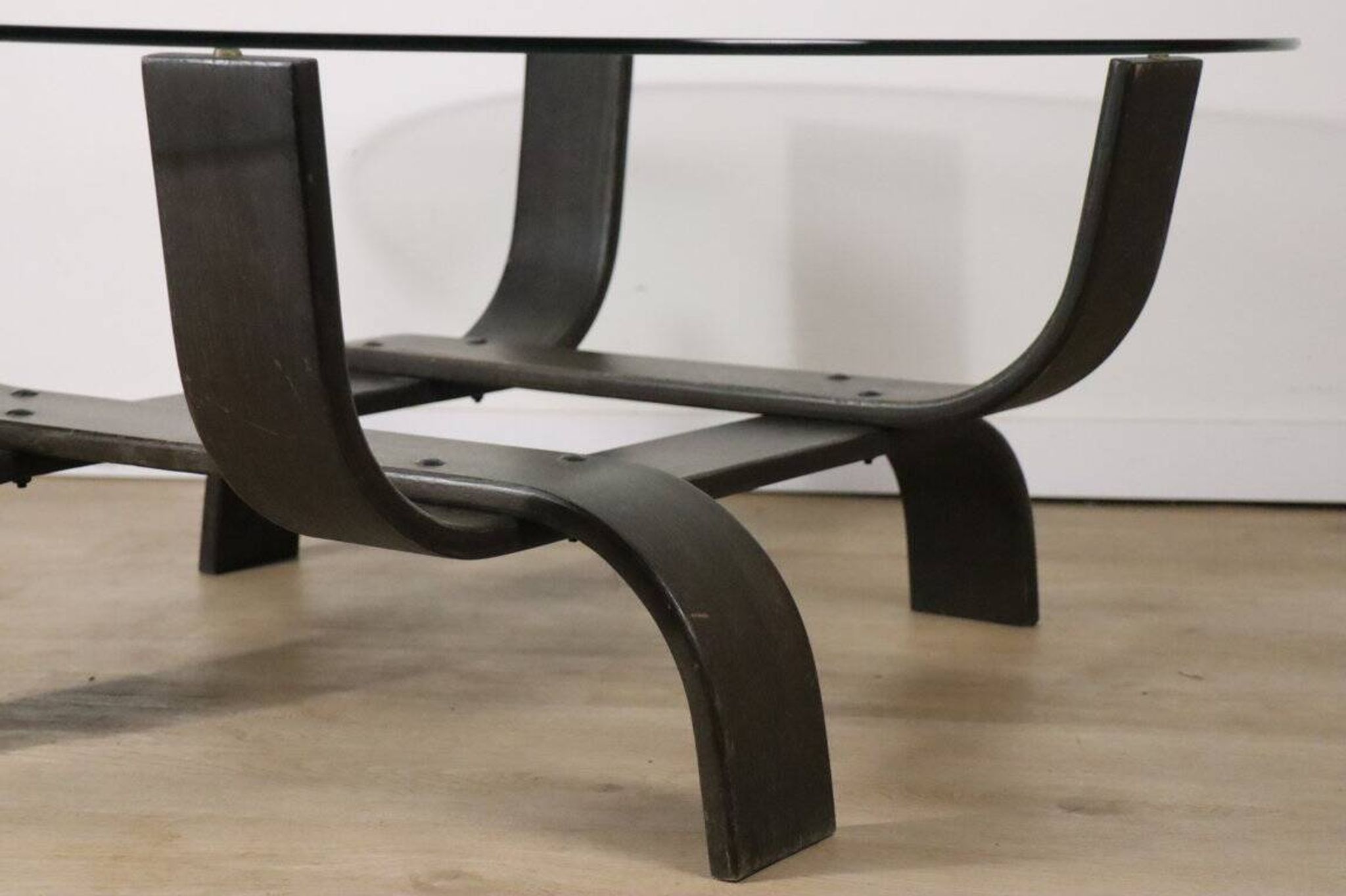 Vintage Fubo coffee table – curved wood & smoked glass – 1970s