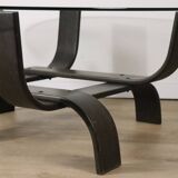 Vintage Fubo coffee table – curved wood & smoked glass – 1970s