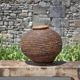 Old basket with lid, burgundy straw and bramble, woven basket, interior decoration