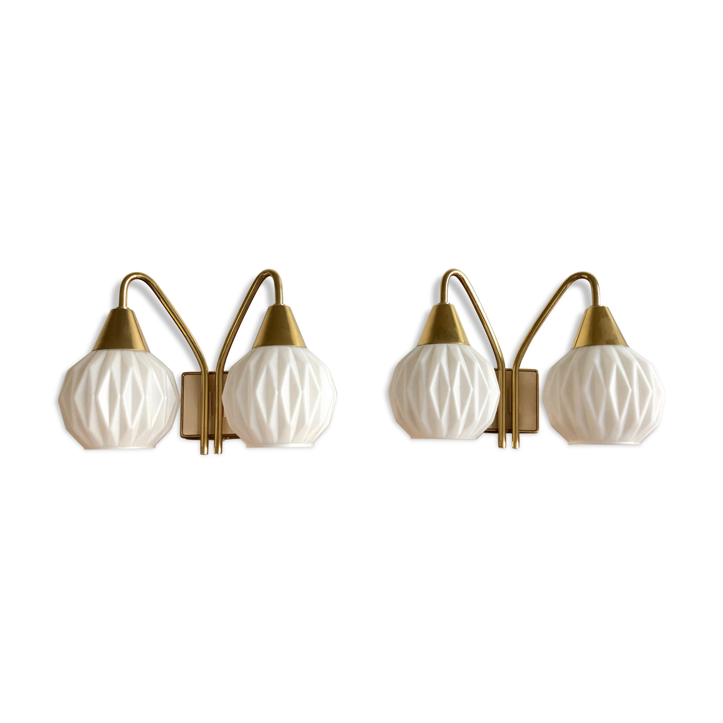 Pair of double origami opaline brass wall lamps