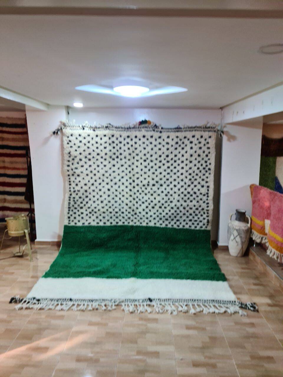 Modern Berber Rug 300x200cm – White Wool, Emerald Green & Black Polka Dots