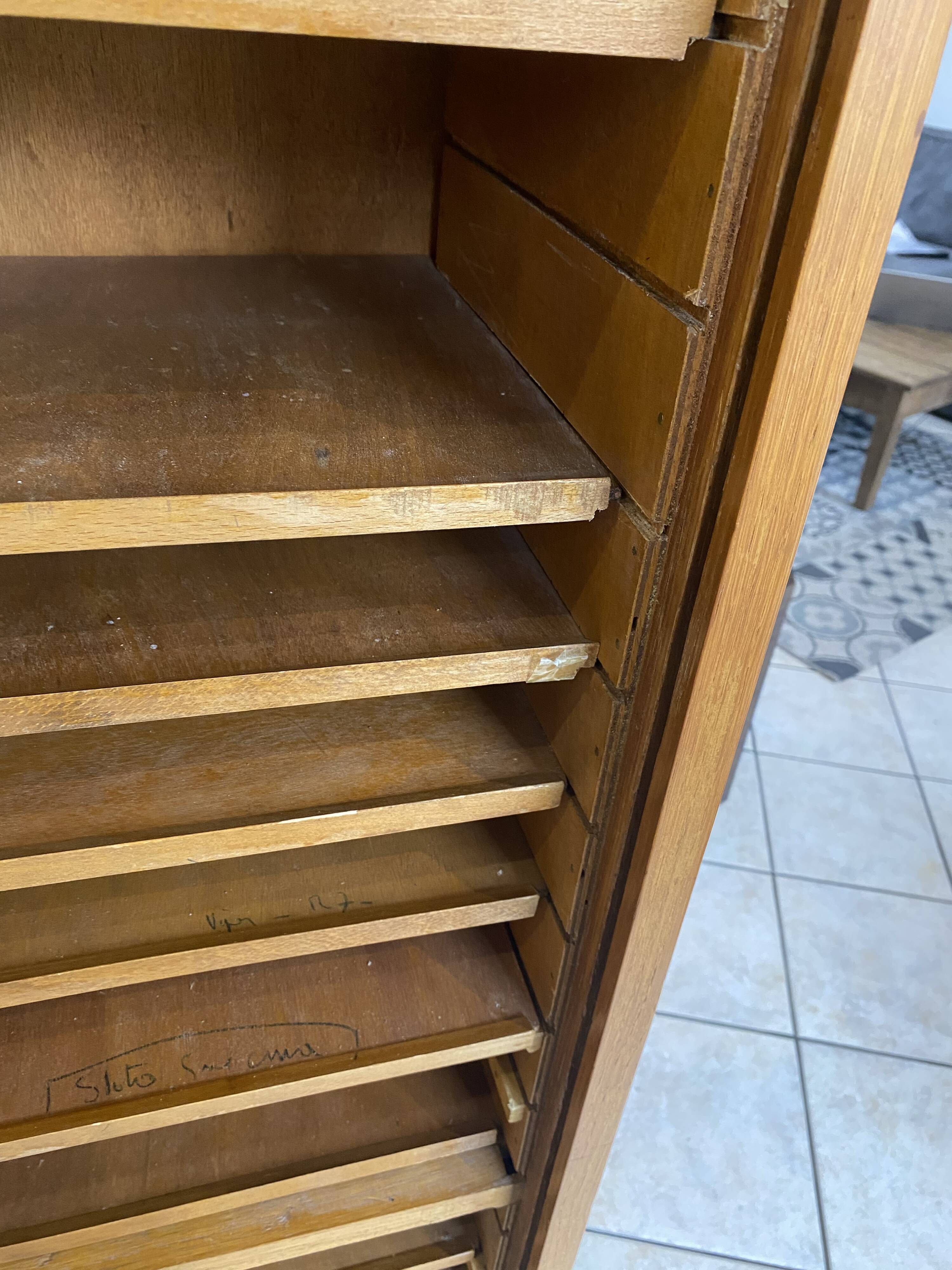 1950s oak office storage cabinet with curtains.