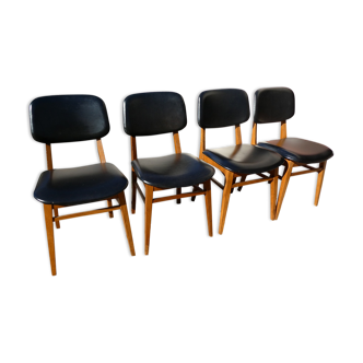 Set of 4 chairs vintage type Scandinavian strcuture wood and leatherette