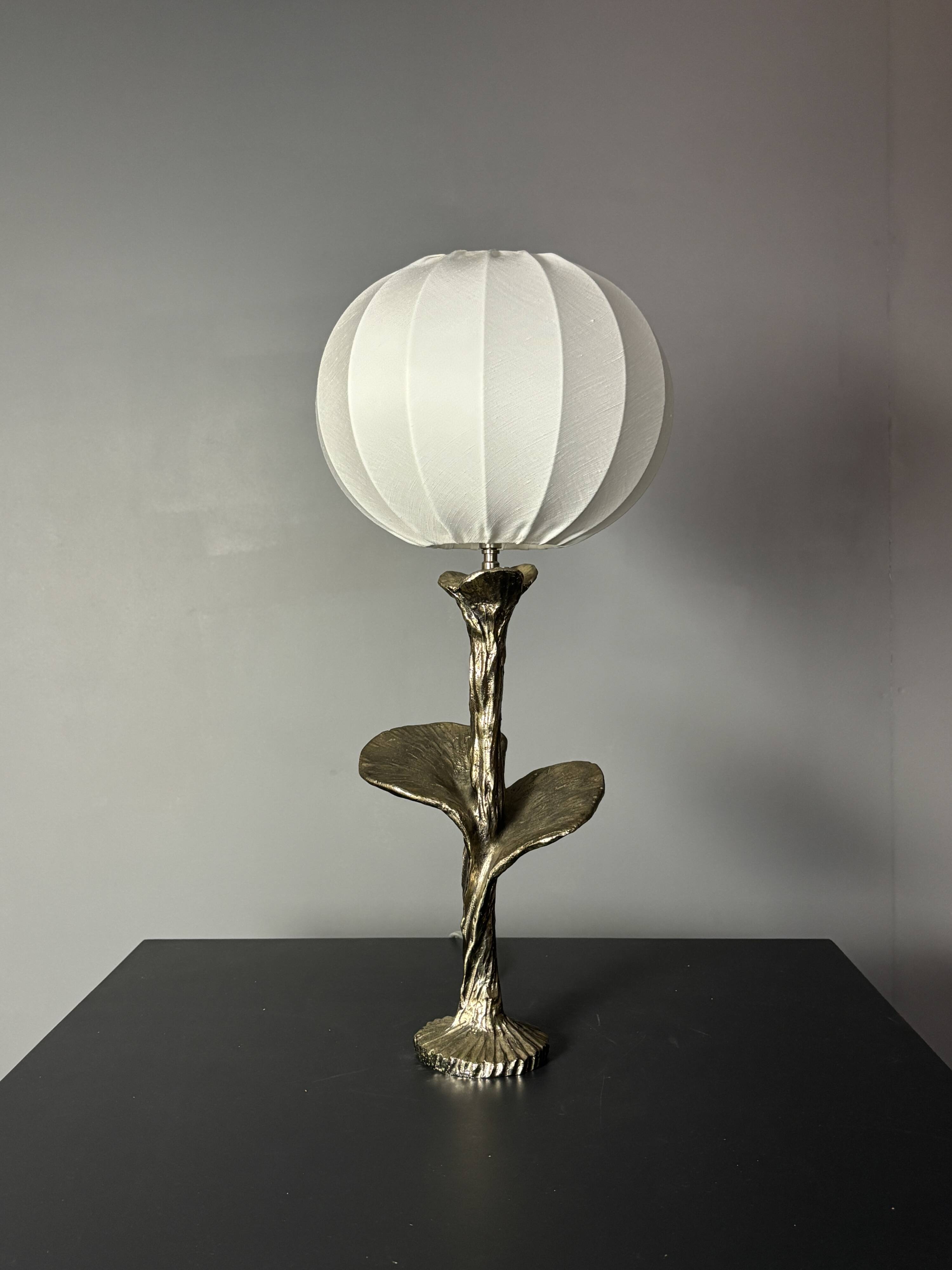 Solid brass silver custom made flower lamp with cocoon fabric shade, 1970s