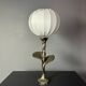 Solid brass silver custom made flower lamp with cocoon fabric shade, 1970s