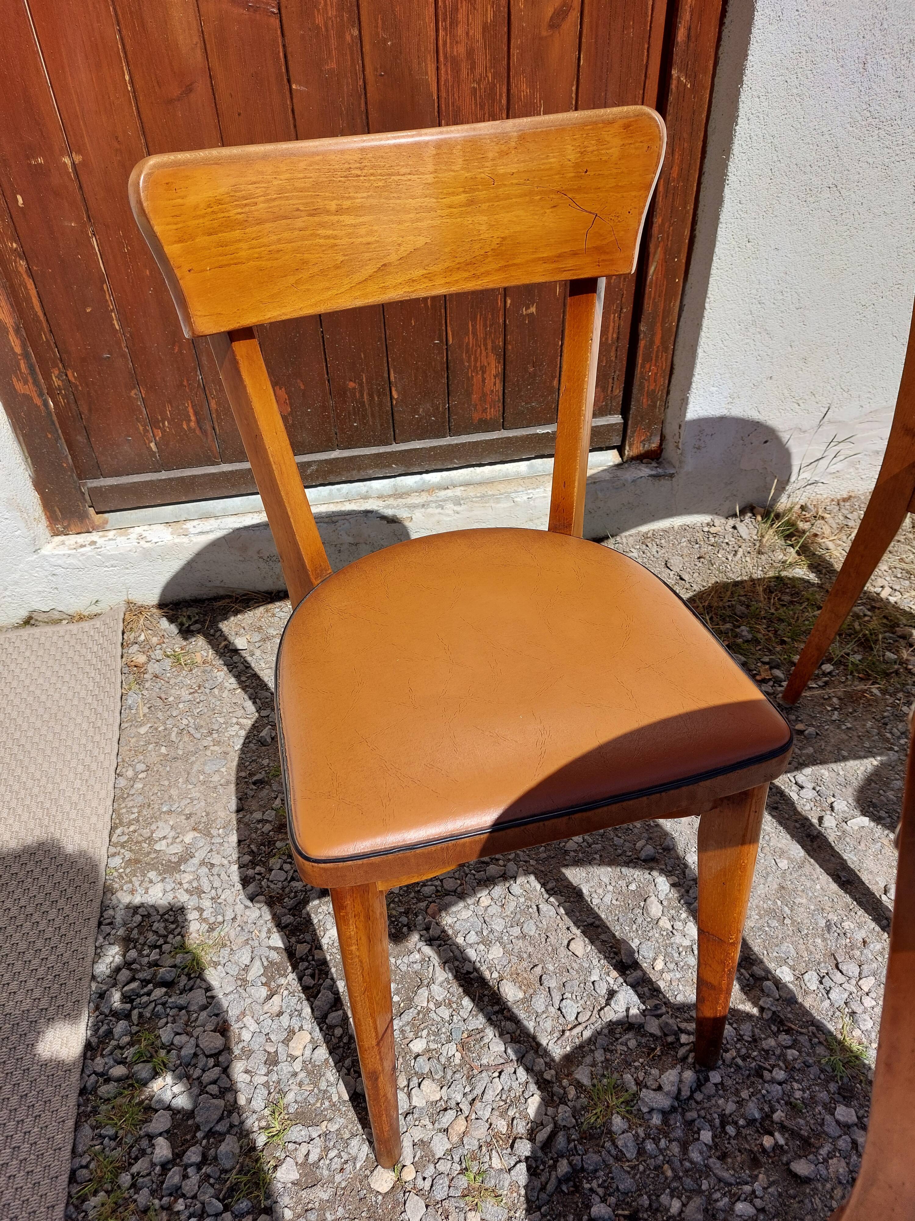 6 vintage 1960s wooden bistro chairs with camel faux leather.