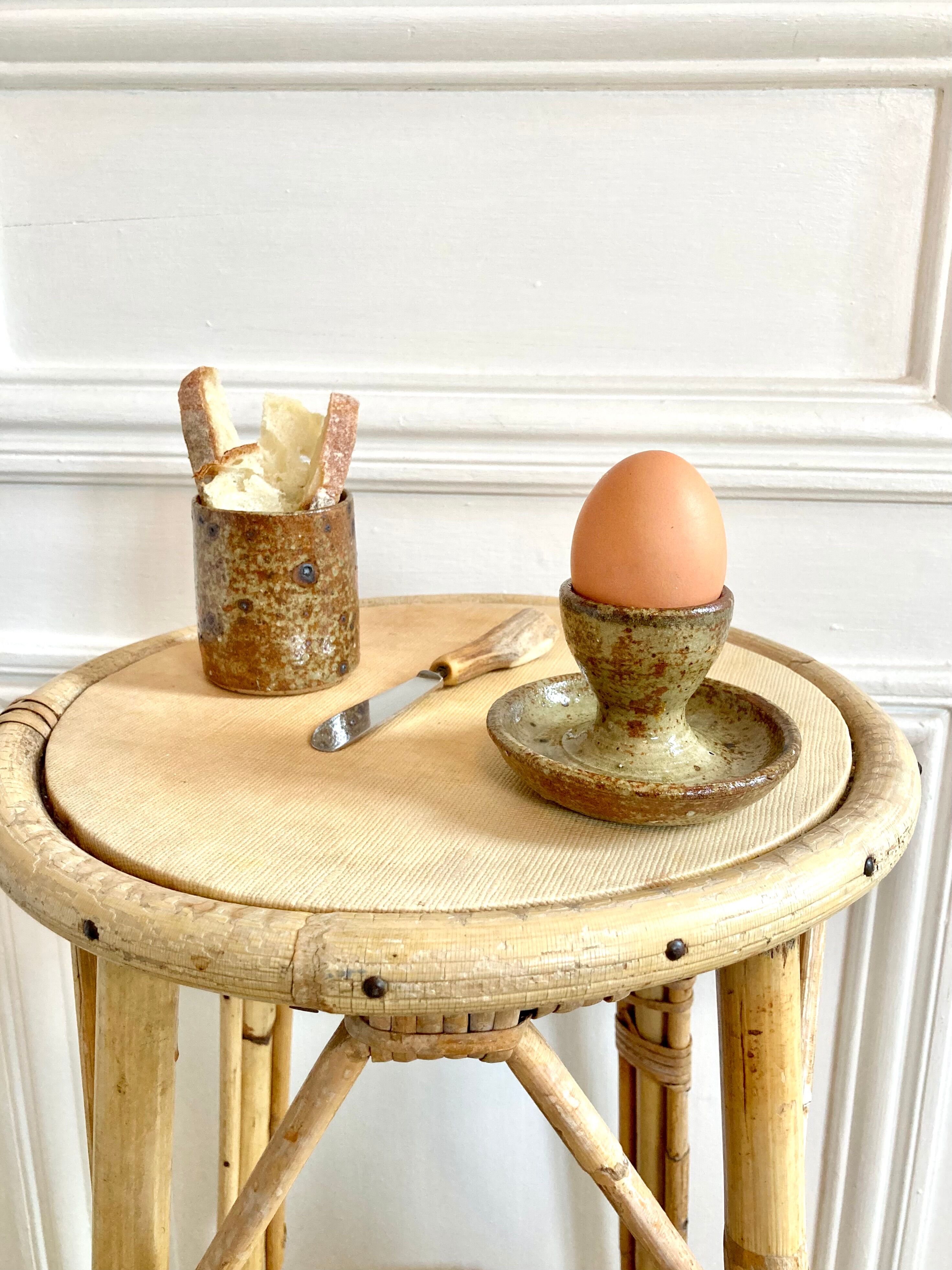 Egg cup and bowl set in pyrite stoneware