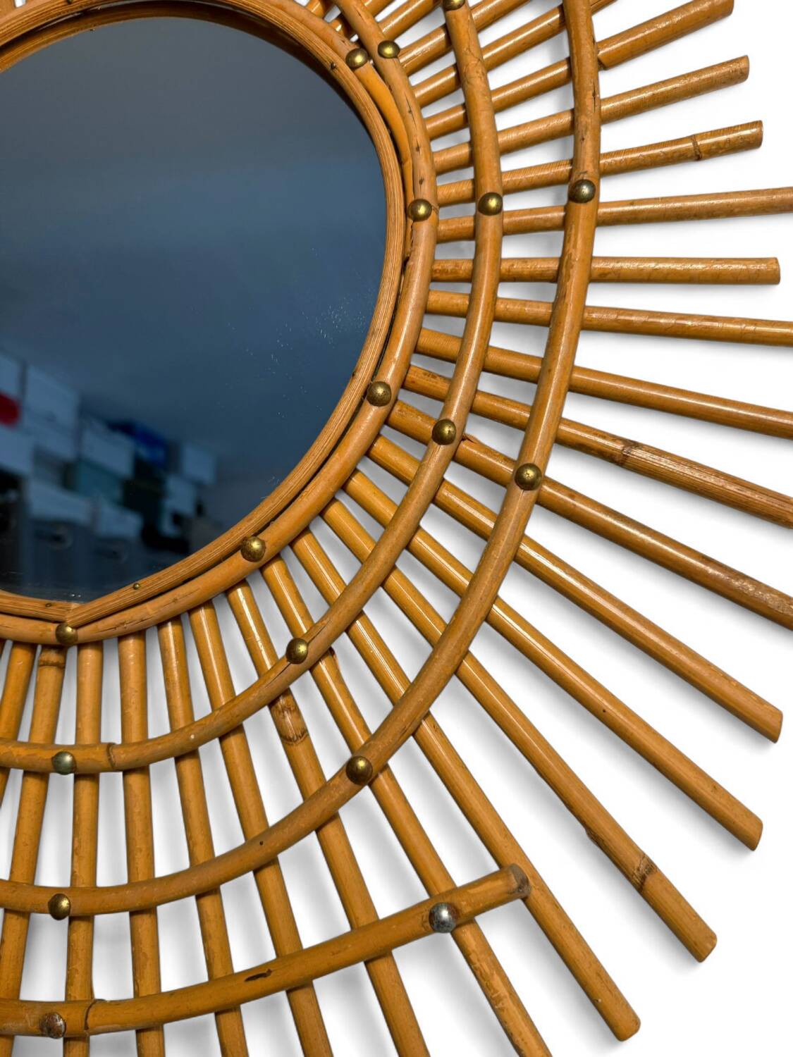 Miroir mural vintage bambou & laiton – France, circa 1950