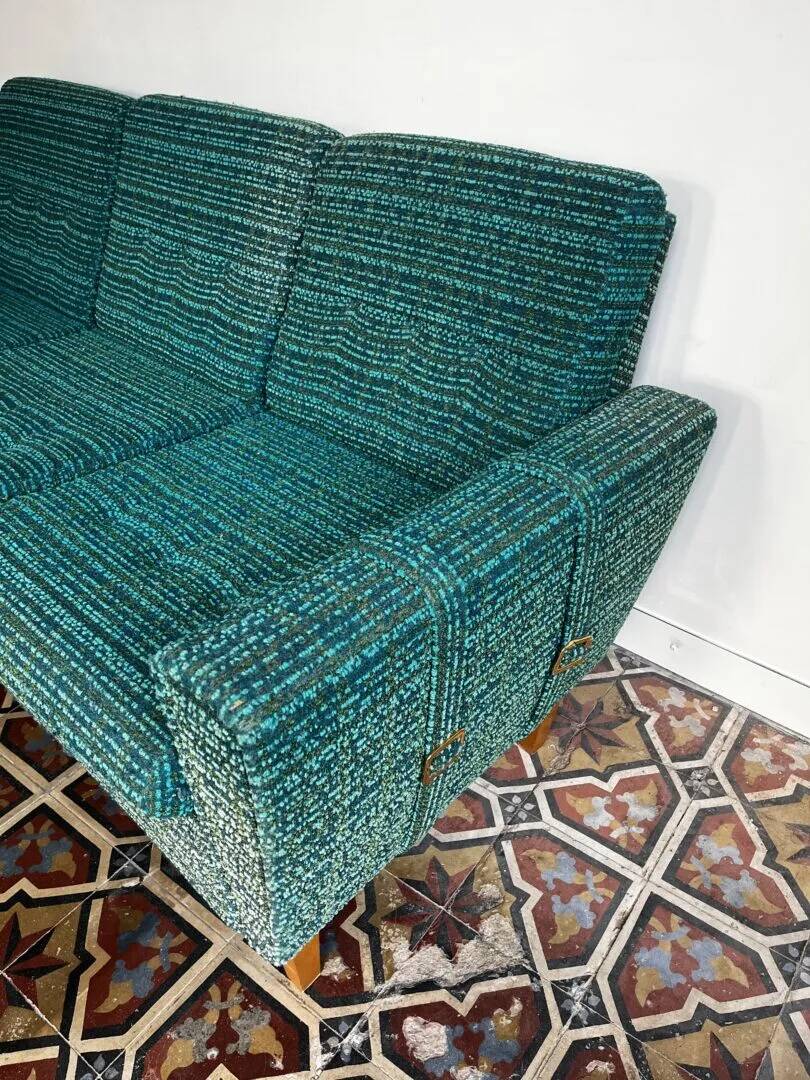 Mid-century sofa, three-seater in turquoise shade