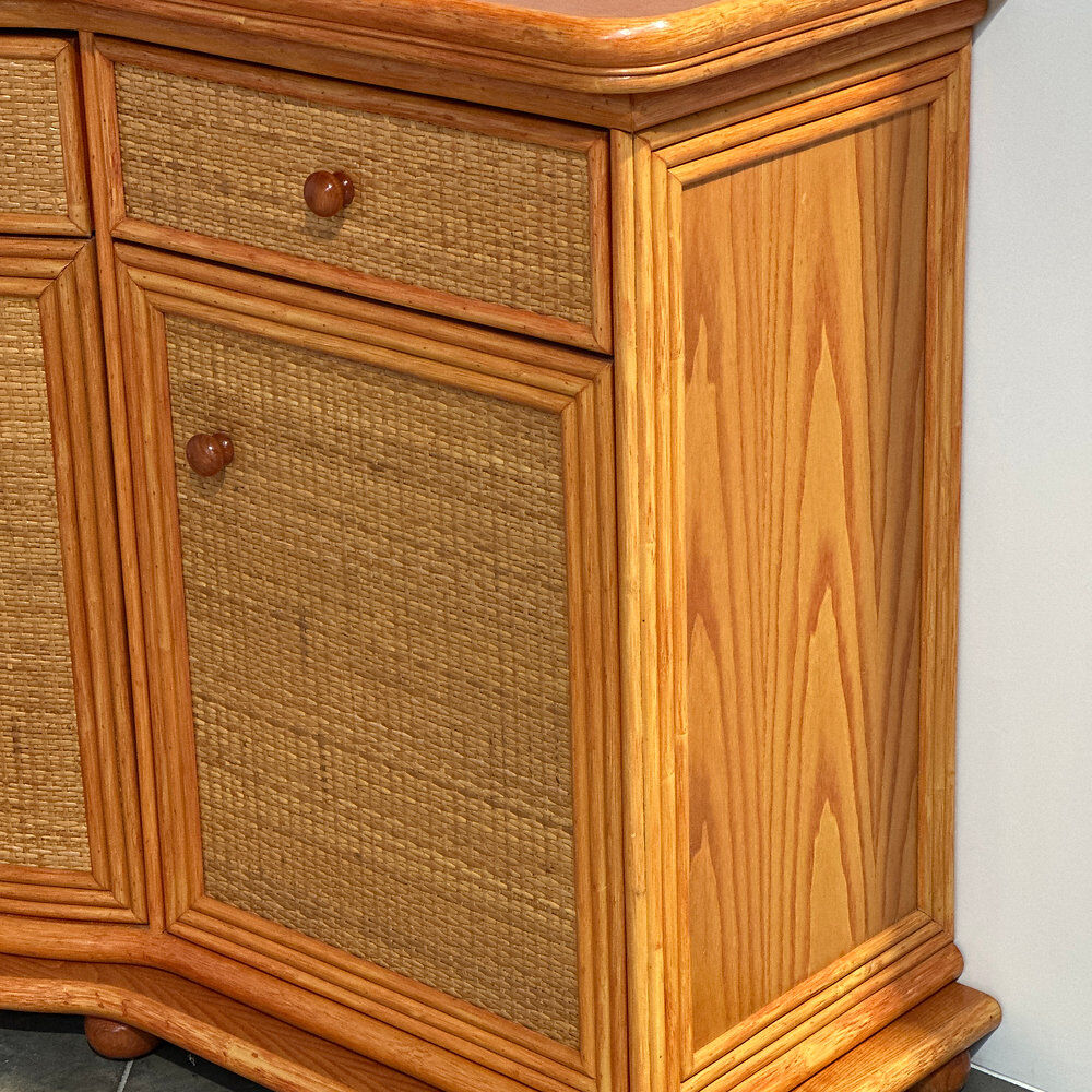 Vintage rattan & wood orange curved sideboard, 1980s