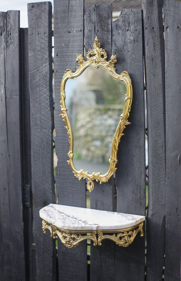 Console et son miroir vintage, console murale laiton et marbre, miroir laiton style rococo