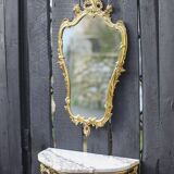 Console and its vintage mirror, brass and marble wall console, rococo style brass mirror