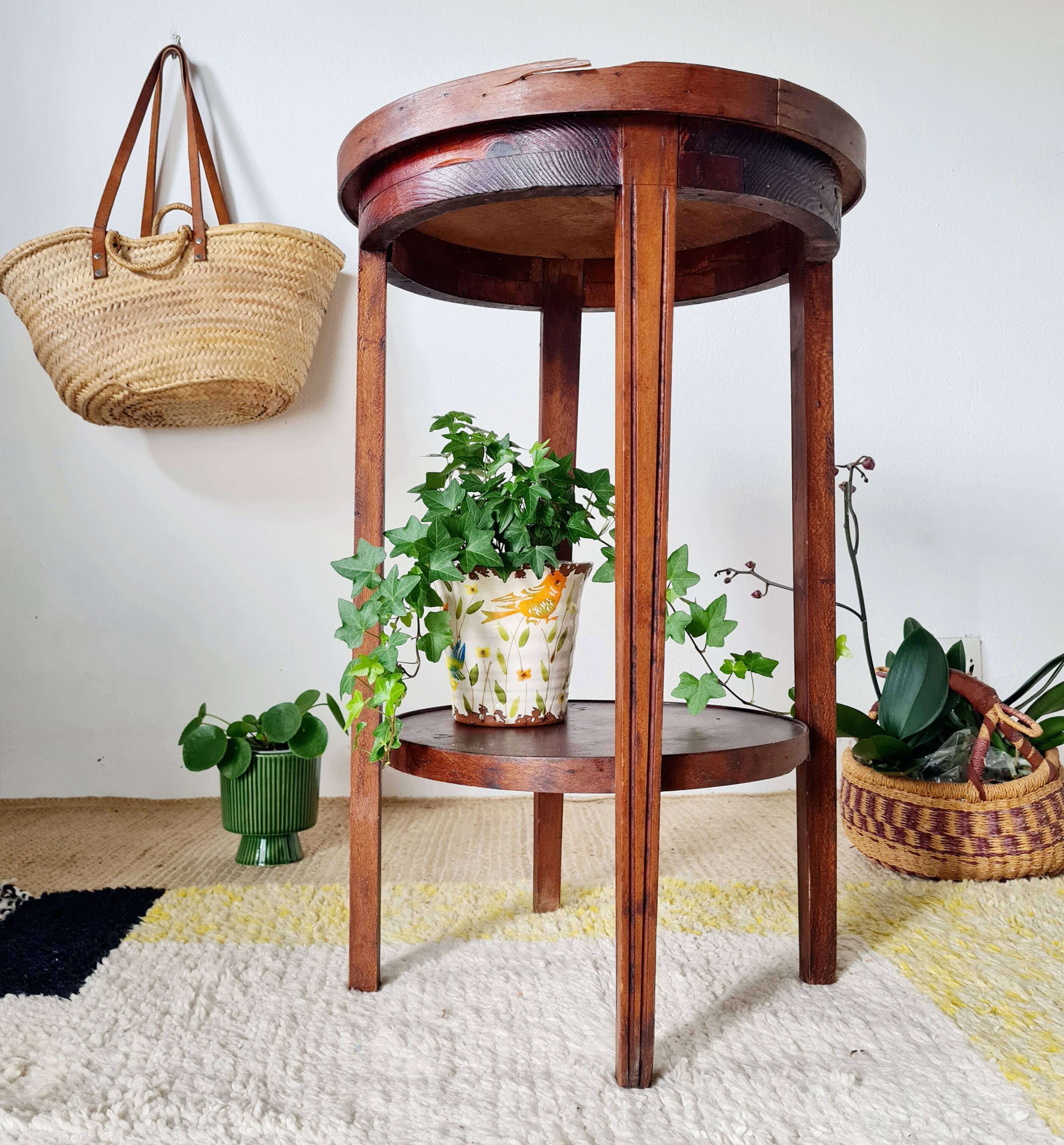 Table ancienne double plateaux ronds, sellette ou porte-plantes
