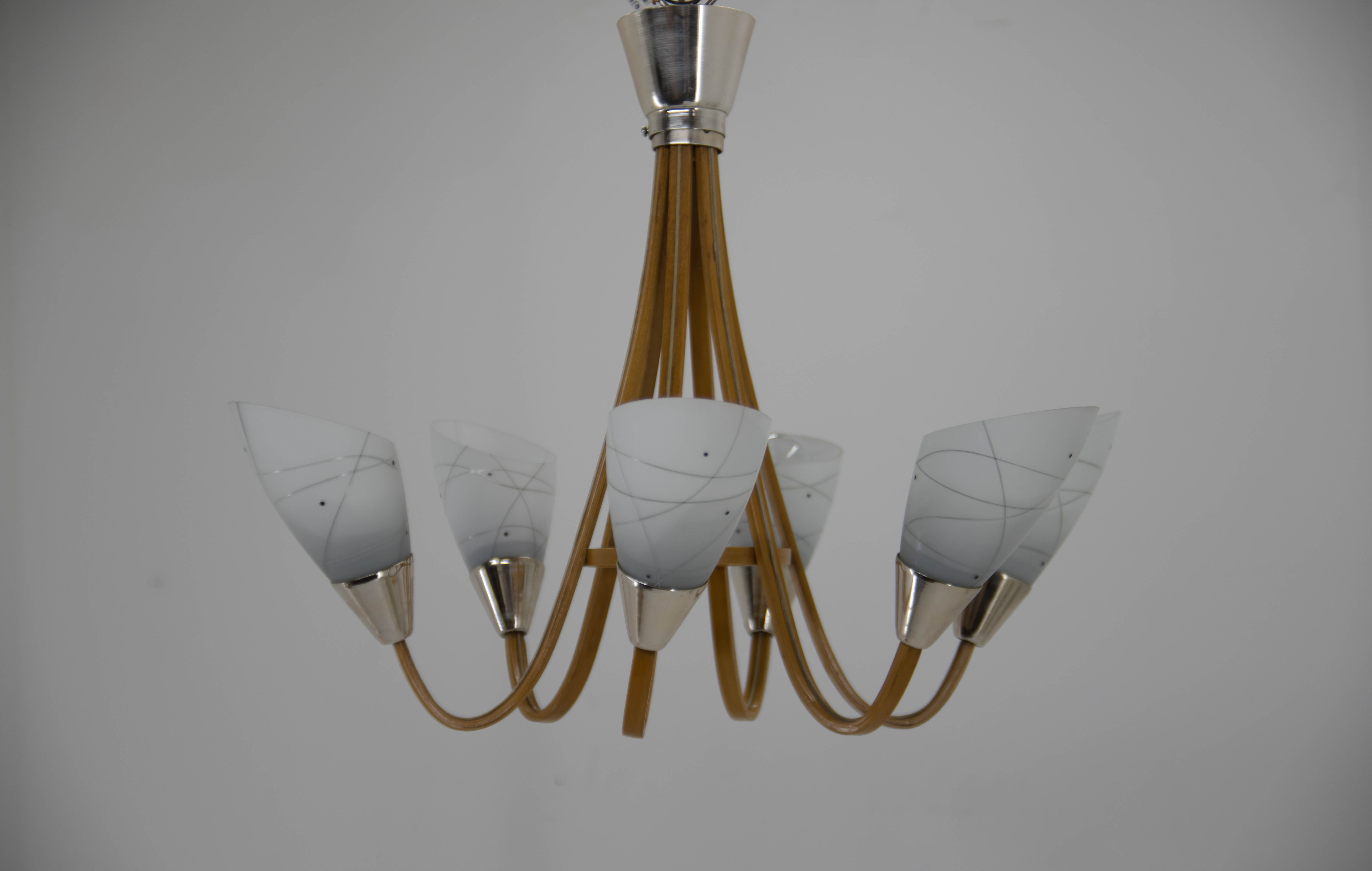 Mid-Century Wood & Glass Chandelier by Dřevo Humpolec, 1960s