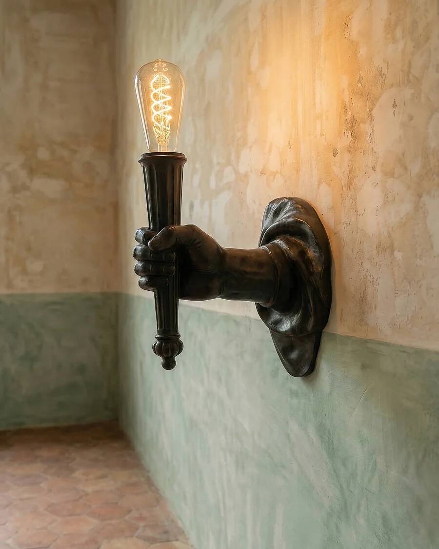 Wall lamp in iron shaped like an arm.